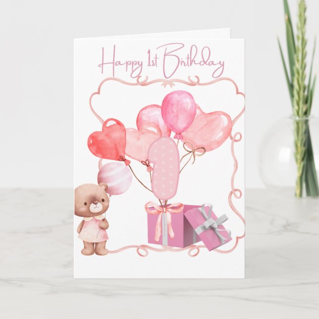 Cute Pink Happy 1st Birthday  Card (Front)
