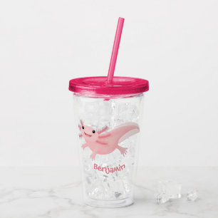 Cute pink happy axolotl acrylic tumbler
