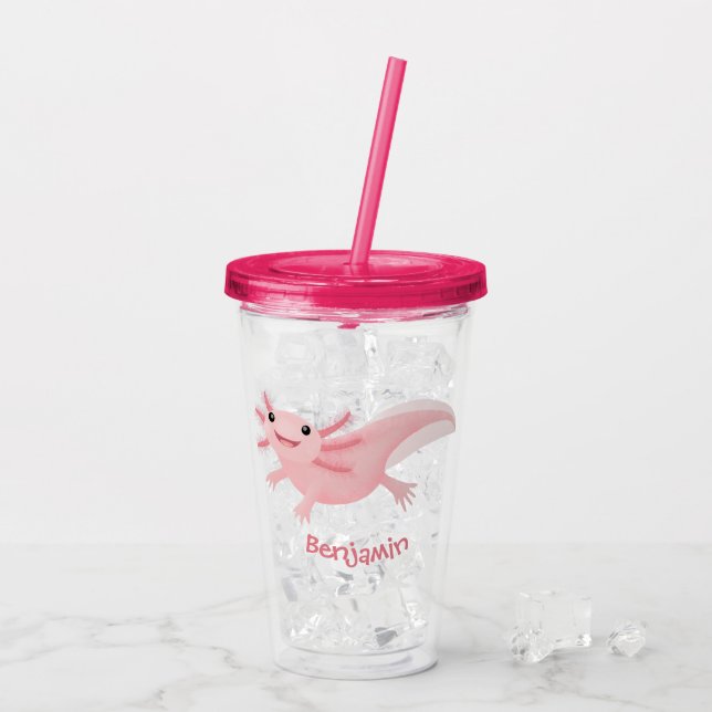 Cute pink happy axolotl acrylic tumbler (Back Ice)