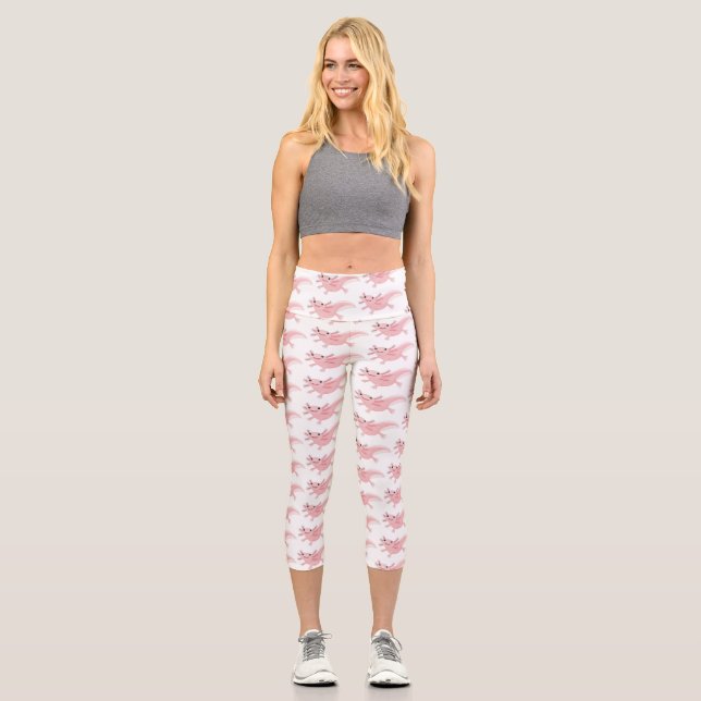 Cute pink happy axolotl capri leggings (Front)