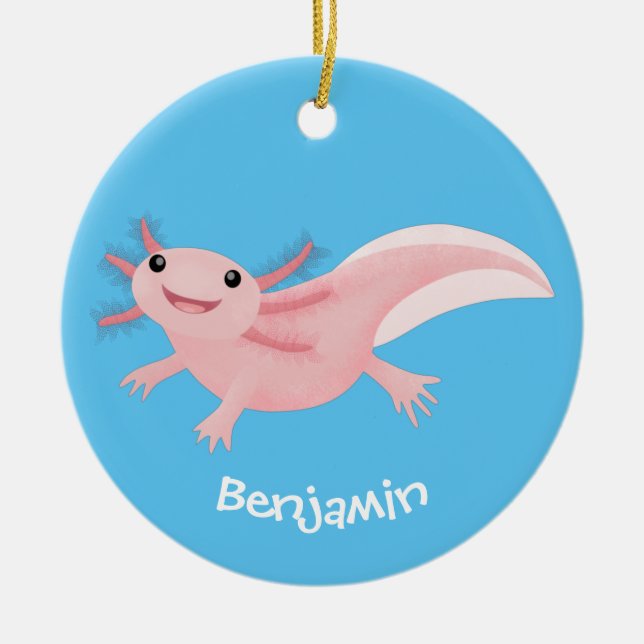 Cute pink happy axolotl ceramic tree decoration (Front)