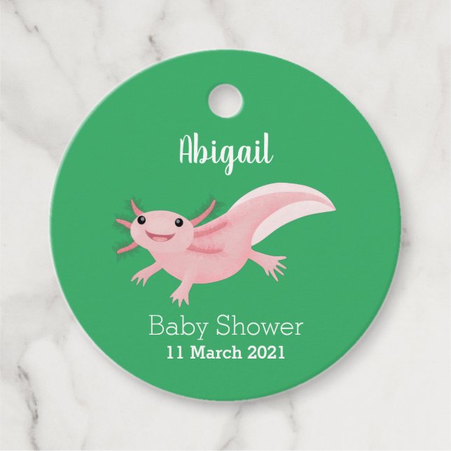 Cute pink happy axolotl  favour tags (Front)
