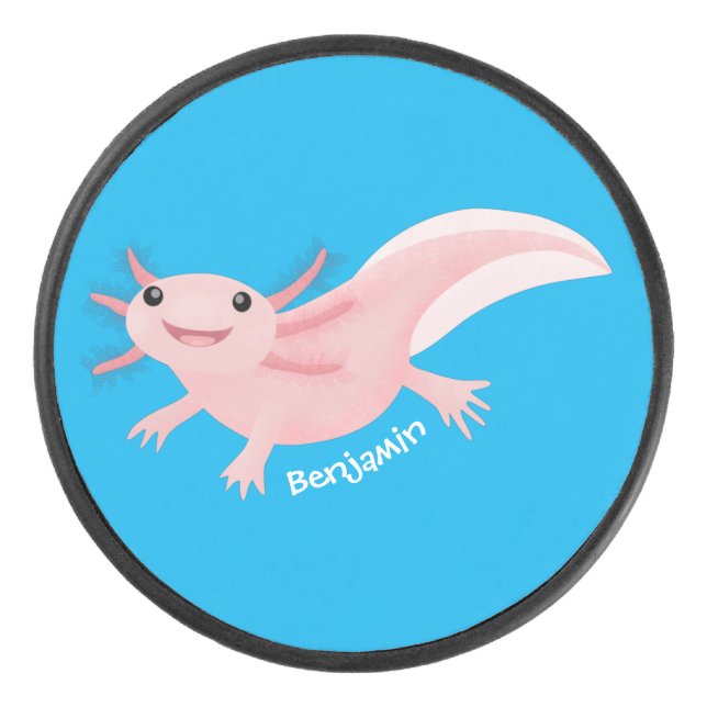 Cute pink happy axolotl hockey puck (Front)