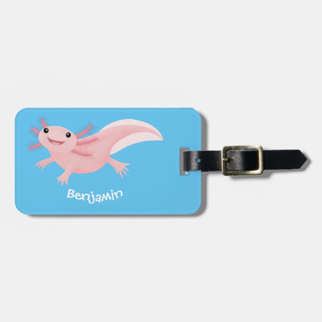 Cute pink happy axolotl luggage tag (Front Horizontal)