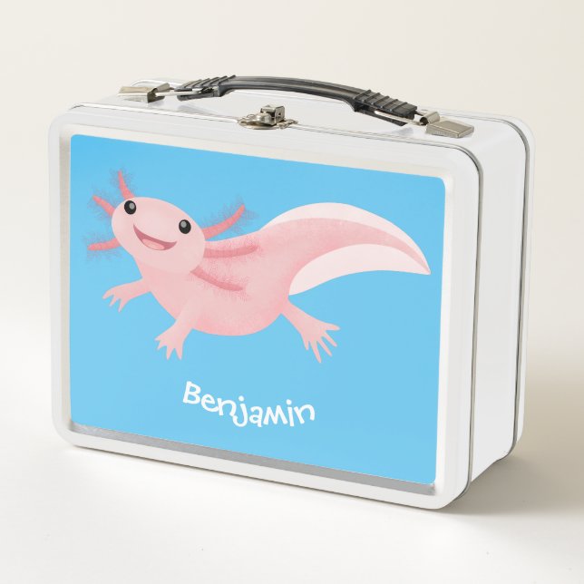Cute pink happy axolotl metal lunch box (Front)