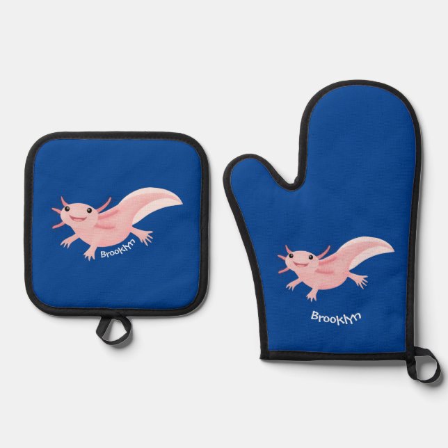 Cute pink happy axolotl oven mitt & pot holder set (Front)