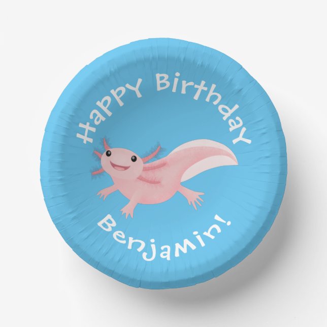 Cute pink happy axolotl paper plate (Front)