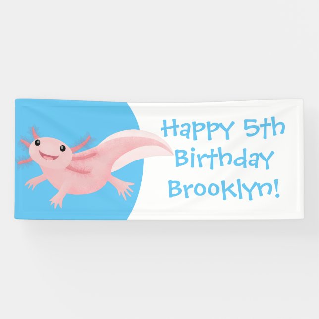 Cute pink happy axolotl personalised birthday banner (Horizontal)
