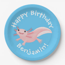 Cute pink happy axolotl personalised birthday paper plate