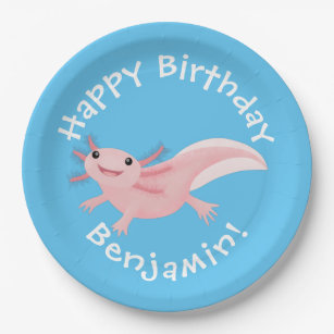 Cute pink happy axolotl personalised birthday paper plate