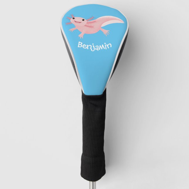 Cute pink happy axolotl personalised golf head cover (Front)