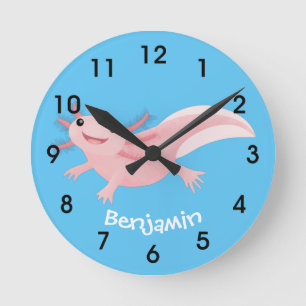 Cute pink happy axolotl round clock