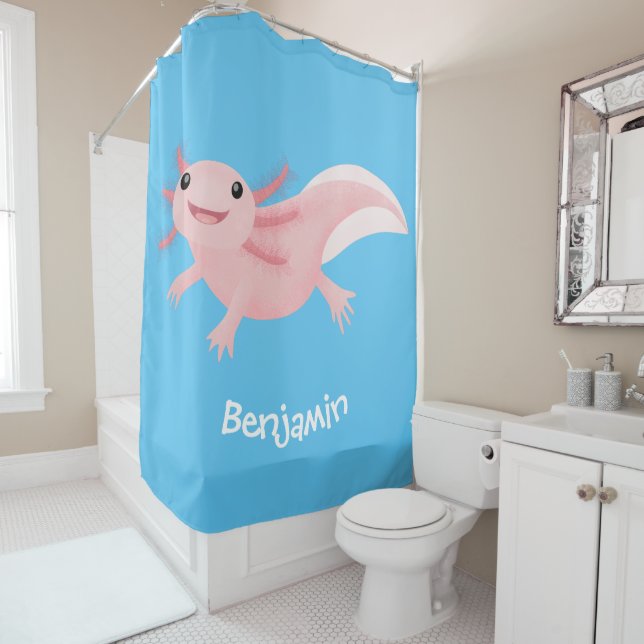 Cute pink happy axolotl shower curtain (In Situ)