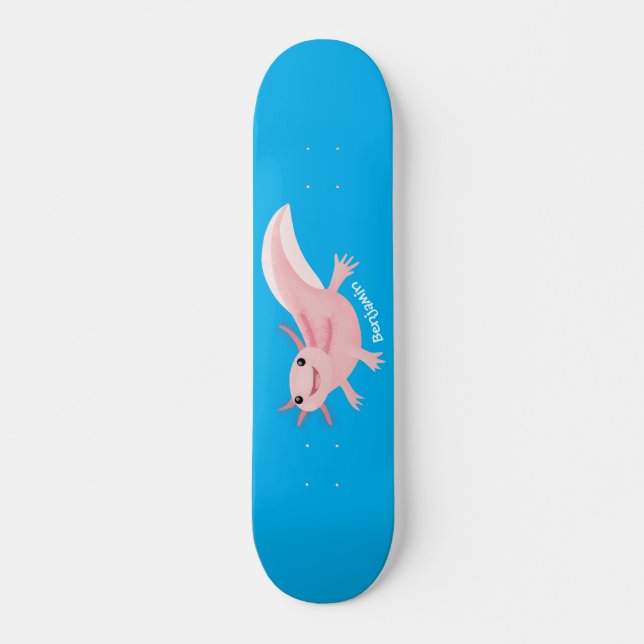 Cute pink happy axolotl skateboard (Front)