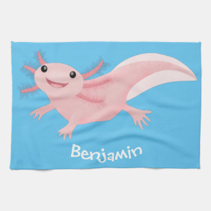 Cute pink happy axolotl tea towel