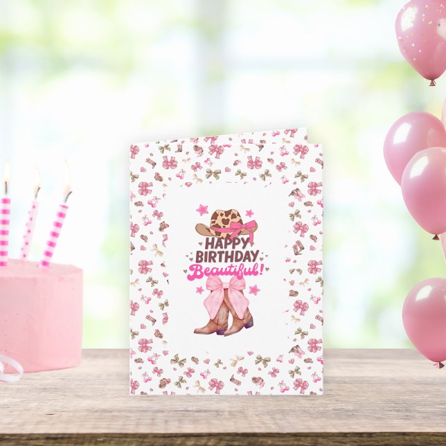 Cute Pink Happy Birthday Beautiful Cowgirl Folded Card (Creator Uploaded)