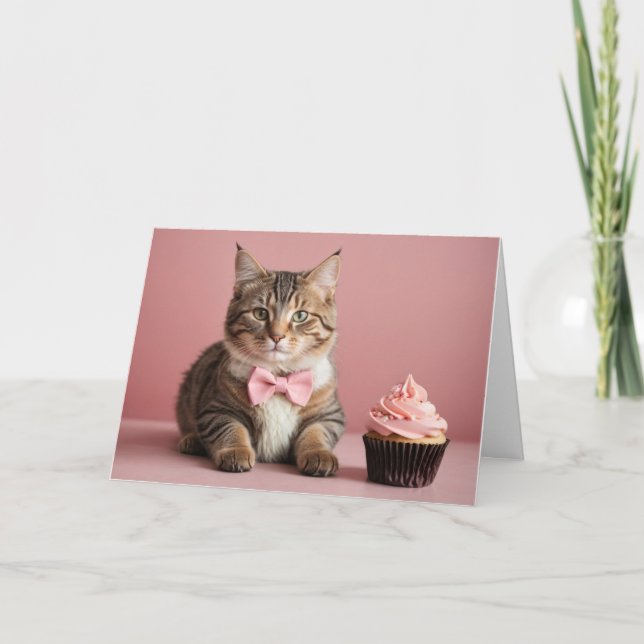 Cute Pink Happy Birthday Cat Cupcake Card (Front)