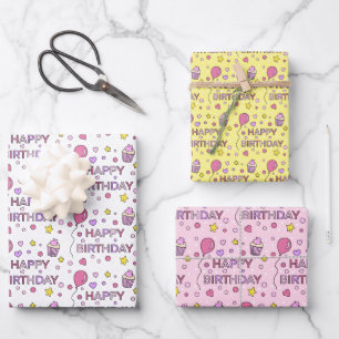 Cute Pink Happy Birthday Cupcakes, Stars and Heart Wrapping Paper Sheet