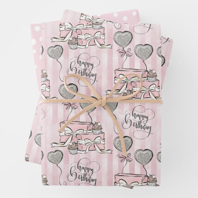  Cute Pink Happy Birthday Pattern Wrapping Paper Sheet (In situ)