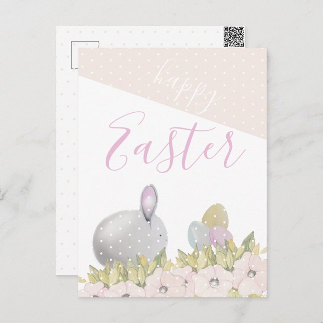 Cute Pink Happy Bunny Watercolor Holiday Postcard (Front/Back)