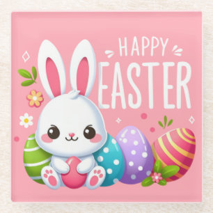 Cute, pink Happy Easter bunny Glass Coaster