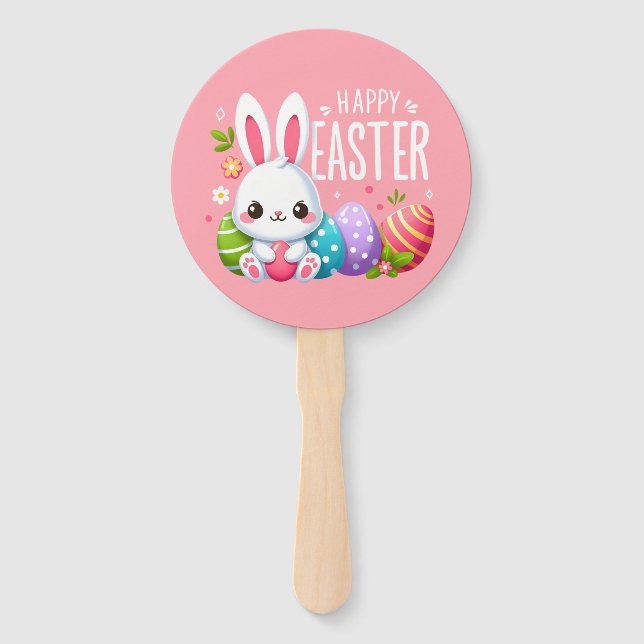 Cute, pink Happy Easter bunny  Hand Fan (Front)