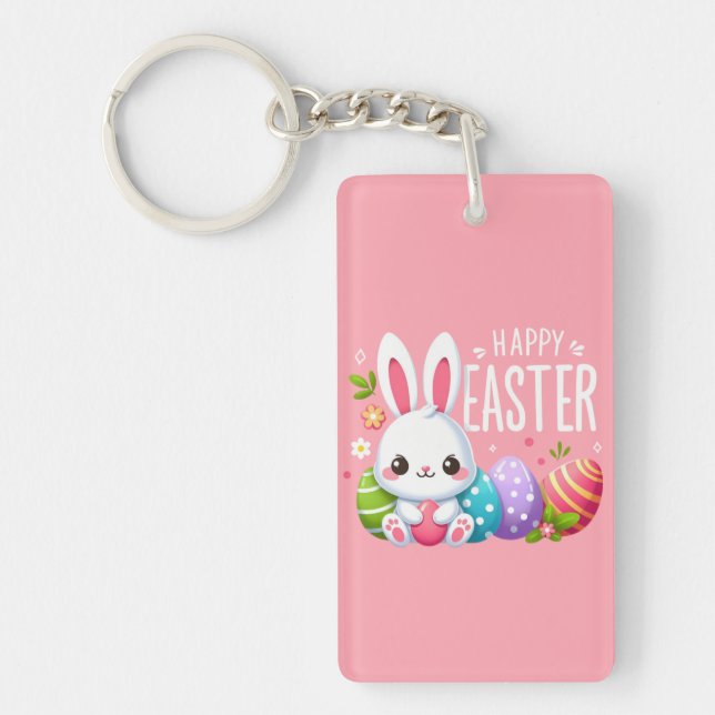 Cute, pink Happy Easter bunny  Key Ring (Front)