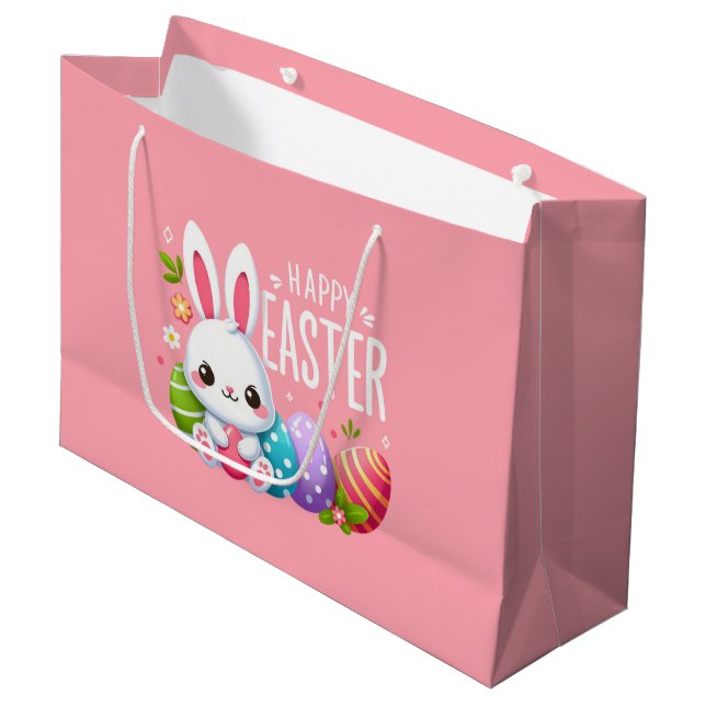 Cute, pink Happy Easter bunny  Large Gift Bag (Front Angled)