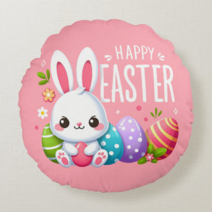 Cute, pink Happy Easter bunny Mug Round Cushion