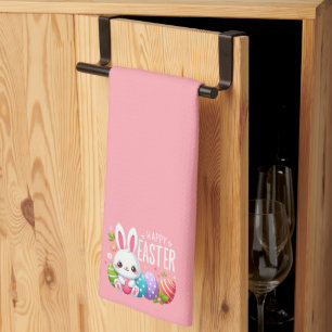 Cute, pink Happy Easter bunny Mug Tea Towel