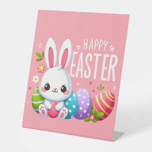 Cute, pink happy Easter bunny Pedestal Sign