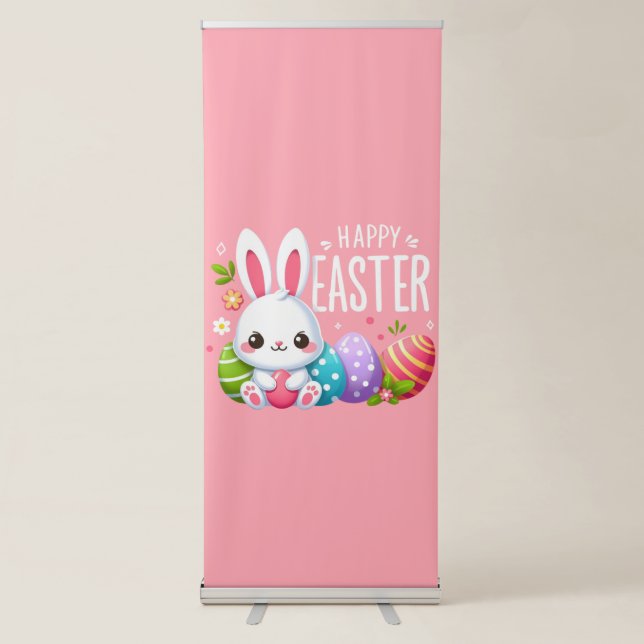 Cute, pink Happy Easter bunny  Retractable Banner (Front)