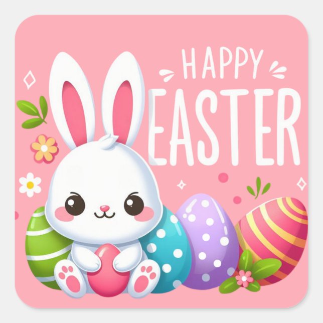 Cute, pink happy Easter bunny Square Sticker (Front)