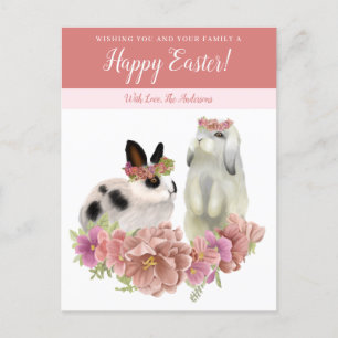 Cute Pink Happy Easter Spring Bunny Rabbits Holiday Postcard