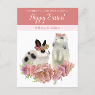 Cute Pink Happy Easter Spring Bunny Rabbits  Holiday Postcard