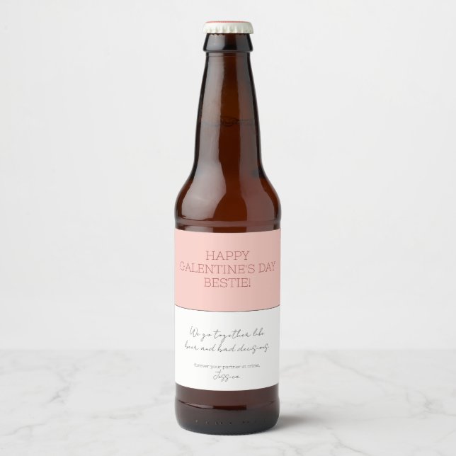 Cute Pink Happy Galentine's Day Partner In Crime Beer Bottle Label (Front)