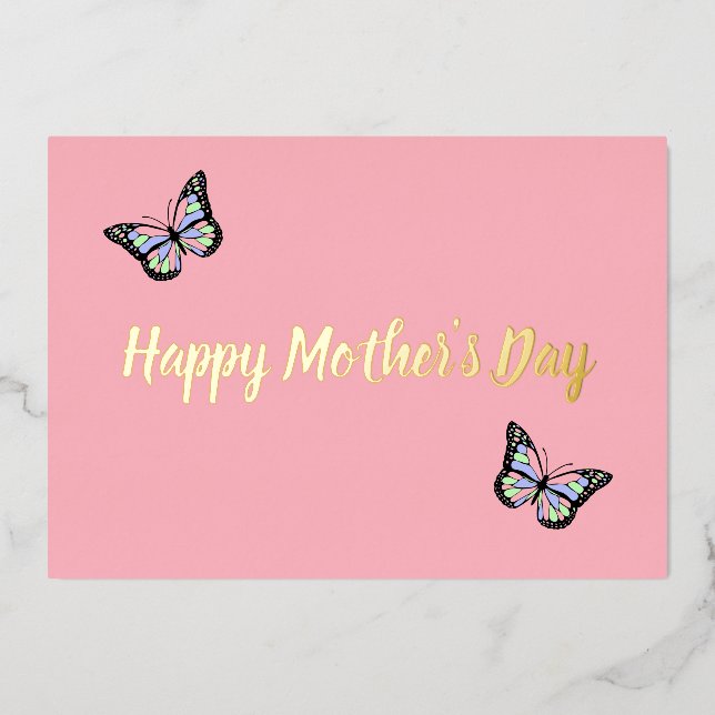 Cute Pink Happy Mother's Day with Butterflies Foil Holiday Card (Front)