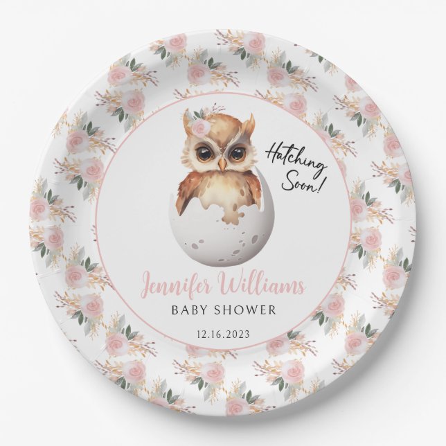 Cute pink hatching owl baby shower paper plates (Front)
