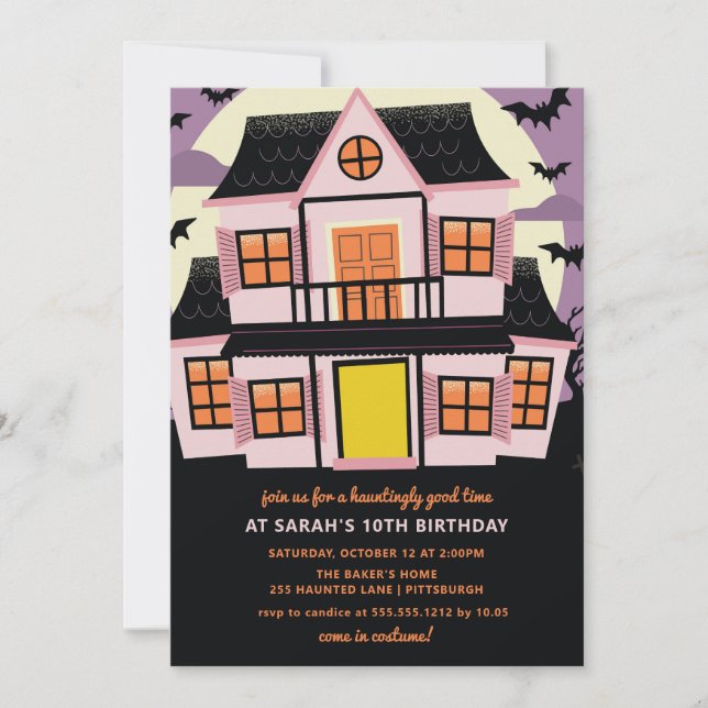 Cute Pink Haunted House Birthday Party Invitation (Front)