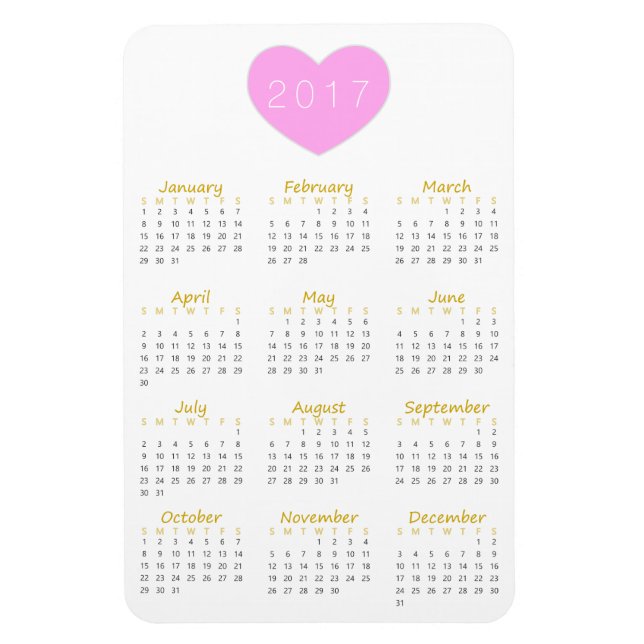 Cute Pink Heart 2017 Calendar Magnet - Gold & Grey (Vertical)