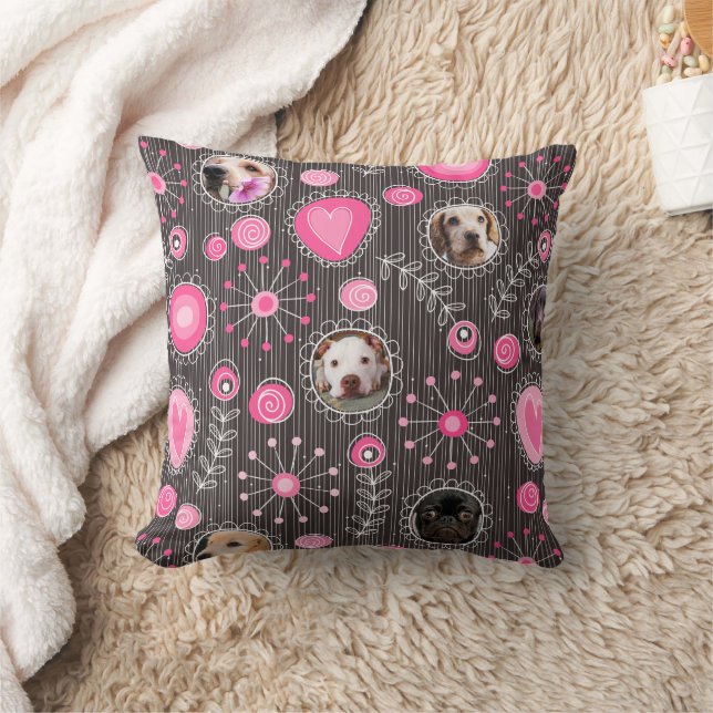 Cute Pink Heart and Flower Dog Mum Photo Collage  Cushion (Blanket)