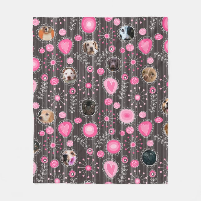 Cute Pink Heart and Flower Dog Mum Photo Collage  Fleece Blanket (Front)