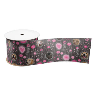 Cute Pink Heart and Flower Dog Mum Photo Collage  Satin Ribbon