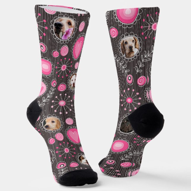 Cute Pink Heart and Flower Dog Mum Photo Collage  Socks (Angled)