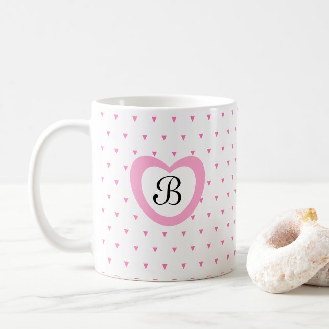 Cute Pink Heart and Triangle Confetti Initial Coffee Mug (With Donut)