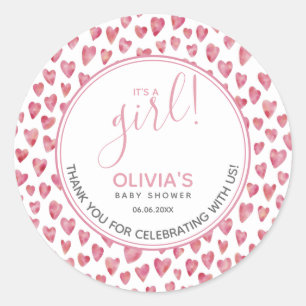 Cute Pink Heart Baby Shower It's A Girl Classic Round Sticker