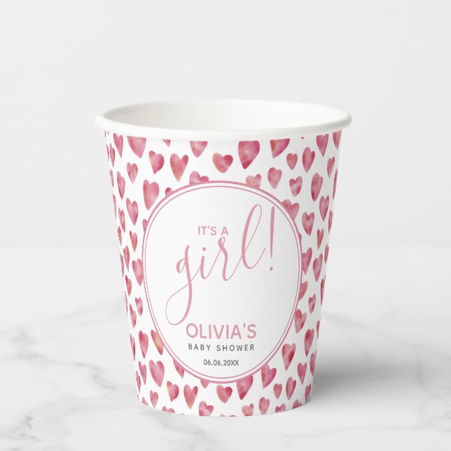 Cute Pink Heart Baby Shower It's A Girl Paper Cups (Front)