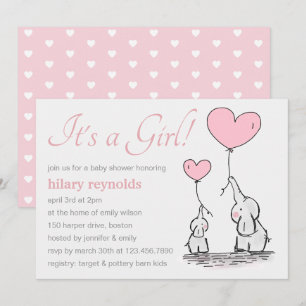 Cute Pink Heart Balloons Girl Elephant Baby Shower Invitation