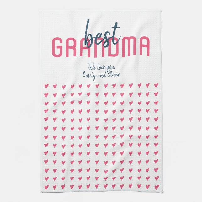 Cute Pink Heart Best Grandma Mother`s Day Tea Towel (Vertical)