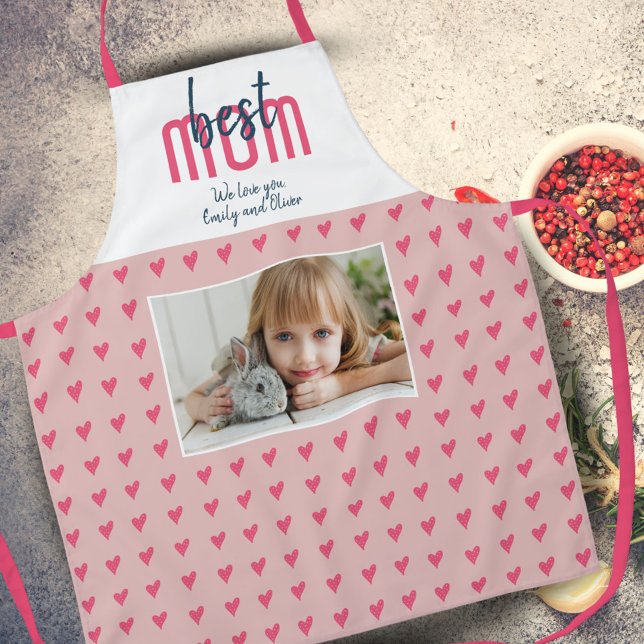 Cute Pink Heart Best Mom Photo Mother`s Day Apron (Creator Uploaded)